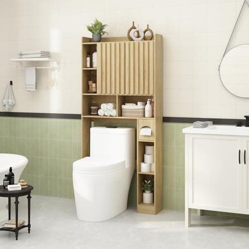 RUSTOWN Large Over-Toilet Storage Cabinet, Fluted Doors, Adjustable Shelf & Paper Holder, Natural Wood