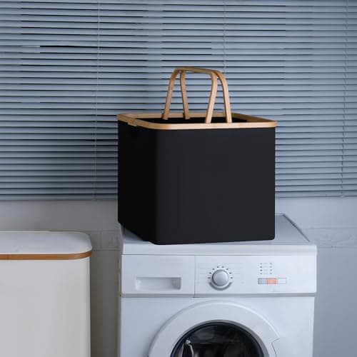Black Laundry Hamper with Bamboo Handle, Collapsible 60L Basket for College Dorm and Family