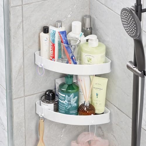 2 Pack Adhesive White Corner Shower Caddy, Rustproof Plastic Shelving with 4 Hooks, Space-Saving Bathroom Organizer