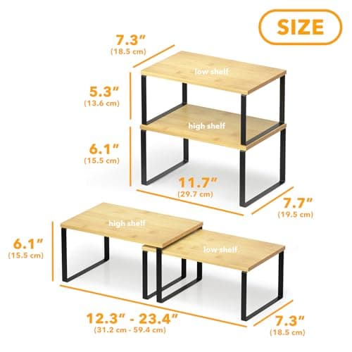 SpaceAid 2 Pack Kitchen Counter Shelf Organizers, Stackable Spice Racks (Black and Natural, Short)