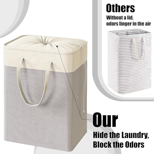 Gray Collapsible Laundry Hamper, 75L Rectangle Cotton Basket with Drawstring Handles, Pack of 2