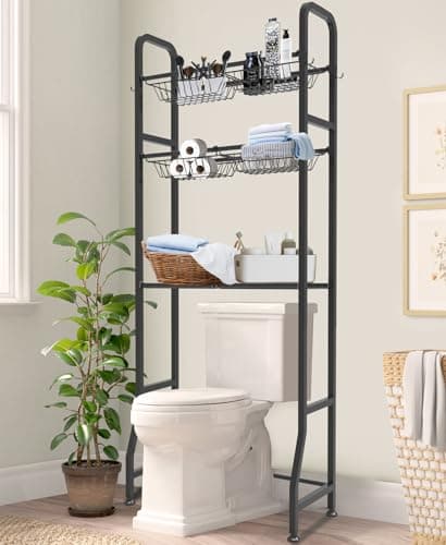 White Over-the-Toilet Storage Rack with 3-Tier Shelf & 6 Adjustable Shelves + 4 Hooks