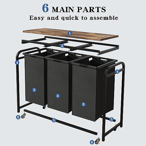 3-Section Rolling Laundry Hamper, B-BLACK, 144L Capacity
