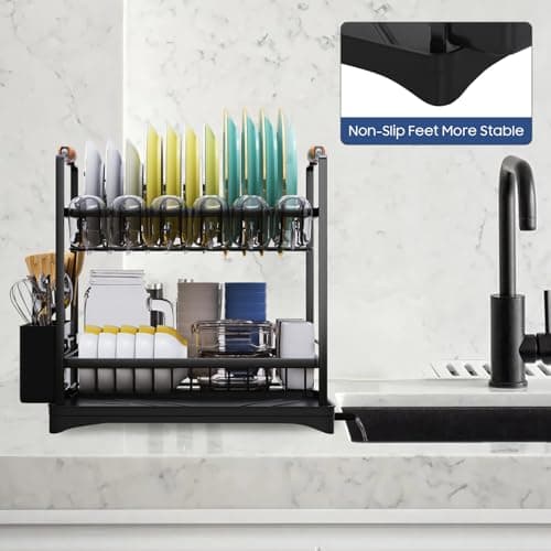 Black 2-Tier Kitchen Drying Rack with Drainboard and Cutlery Holder