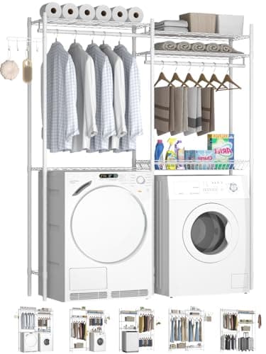 Loomie Over the Washer and Dryer Shelf, 5-Tier Organizational Rack with Hooks and Rods