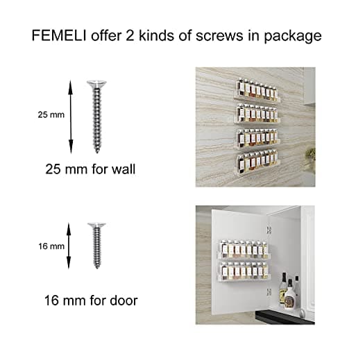 FEMELI 15 Inch 4 Pack Acrylic Hanging Spice Rack for Kitchen Cabinets