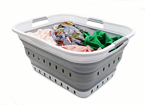 Collapsible 42L Plastic Laundry Basket - Space Saving Storage for Laundry - White/Grey (1, Adult)