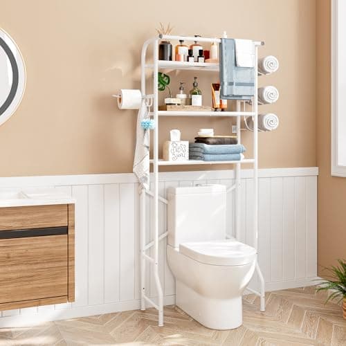 White Metal 3 Tier Bathroom Organizer Shelf with Paper Holder Easy to Install Space Saving