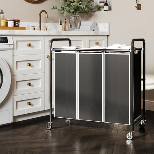 ROMOON 3-Compartment Laundry Sorter with Liners and Wheels – Space-Saving Apartment/Dorm Storage (Black)