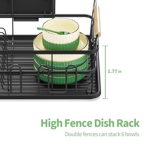 Black High-Sided Dish Drying Rack with Utensil Holder for Kitchen Counter