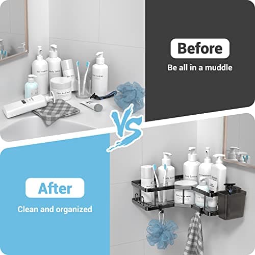 Stainless Steel Adhesive Corner Shower Caddy, 2 Pack, Hooks & Toothpaste Holder
