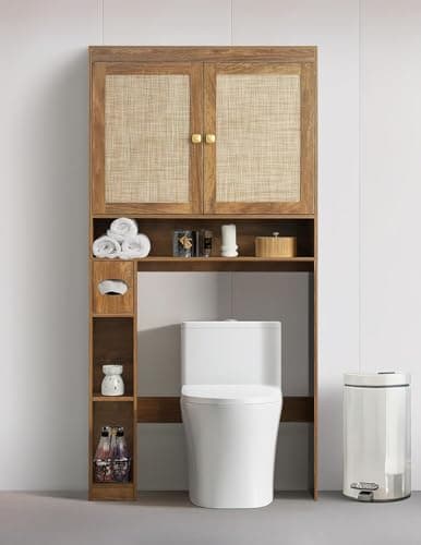 Rustic Brown Over Toilet Organizer with Double Doors & Adjustable Shelf