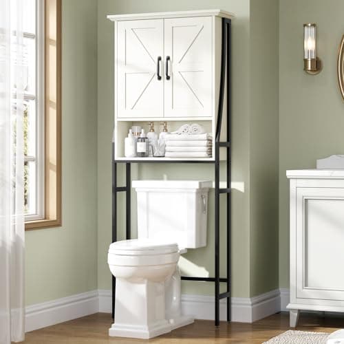 Gray Over the Toilet Organizer with Barn Doors and Storage Cabinet