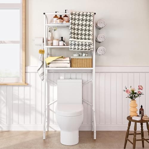 White Metal 3 Tier Bathroom Organizer Shelf with Paper Holder Easy to Install Space Saving