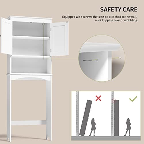 Gizoon White Wooden Toilet Storage Cabinet with Adjustable Shelf and Double Doors