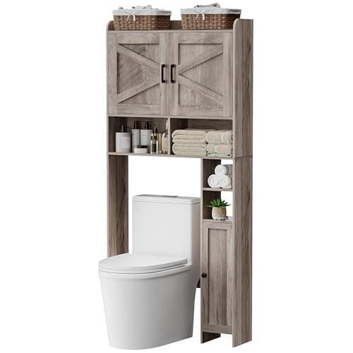 Toilet Storage Cabinet with Barn Doors and Toilet Paper Holder Stand, FreeStanding Shelf Space Saver for Bathroom, White