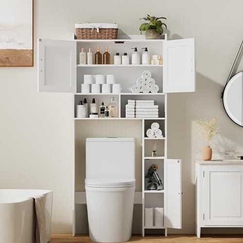 Toilet Storage Cabinet with Barn Doors and Toilet Paper Holder Stand, FreeStanding Shelf Space Saver for Bathroom, White