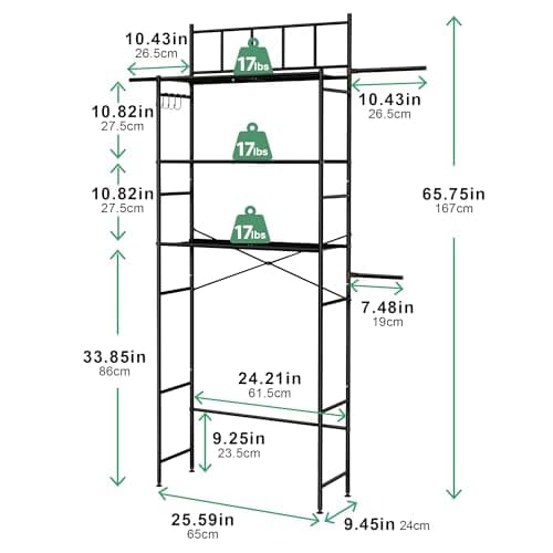 Black 3 Tier X-Bar Bathroom Organizer Above Toilet with 4 Hooks