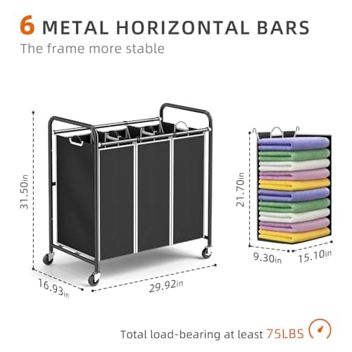 ROMOON 3-Compartment Laundry Sorter with Liners and Wheels – Space-Saving Apartment/Dorm Storage (Black)
