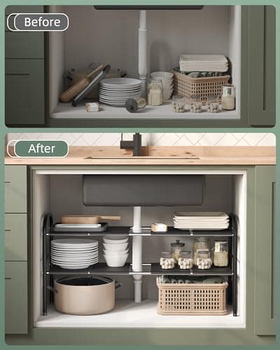 NETEL 2-Tier Expandable Under Sink Organizer, Cupboard Storage with 8 Panels, Kitchen & Bathroom