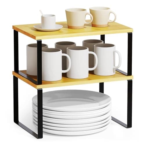 SpaceAid 2 Pack Kitchen Counter Shelf Organizers, Stackable Spice Racks (Black and Natural, Short)