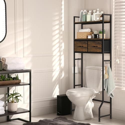 Rustic Brown ETELI Over Toilet Storage Cabinet with Fabric Drawers