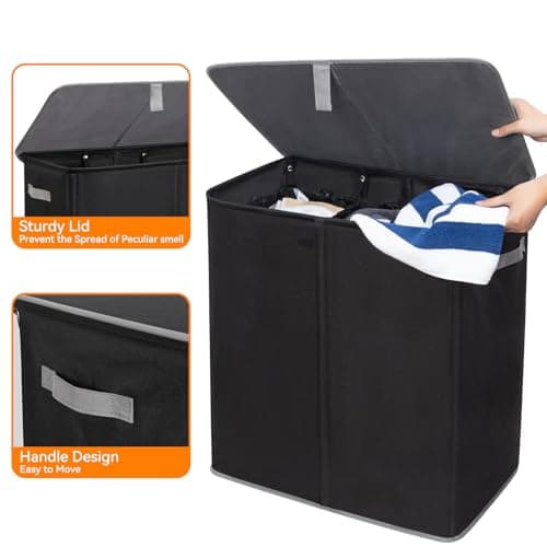 WOWLIVE 160L 3-Section Laundry Hamper with Lid & Removable Bags, Collapsible Black