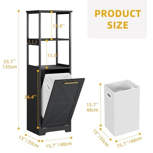 Black 53" Tall DWVO Tilt Out Laundry Hamper with Storage Shelves for Bathroom, Bedroom, and Laundry Room