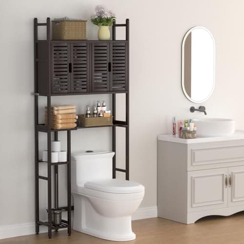Bamboo Toilet Storage Cabinet with Paper Holder, 4-Door & Waterproof Feet (Brown)