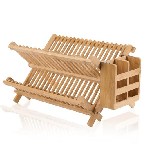 Bamboo Collapsible 3-Tier Dish Drying Rack with Holder