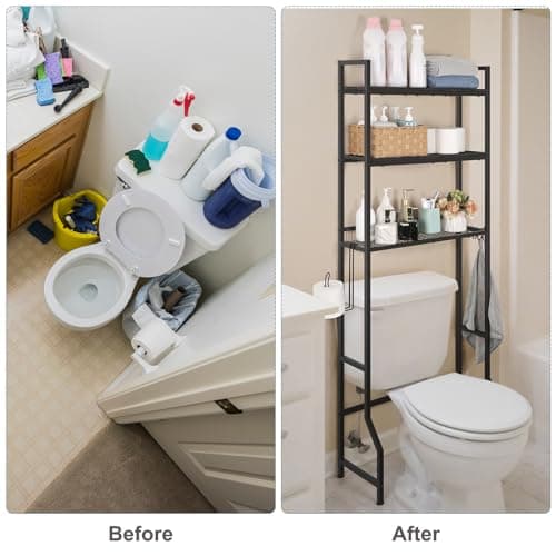 3 Tier Over the Toilet Storage Organizer with Hooks and Paper Holder - Black Stand
