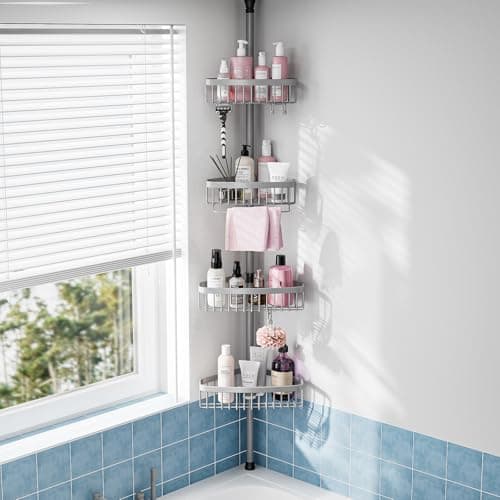 Stainless Steel 4-Tier Corner Shower Caddy - 47-121 Inch Adjustable Bath Rack - Silver