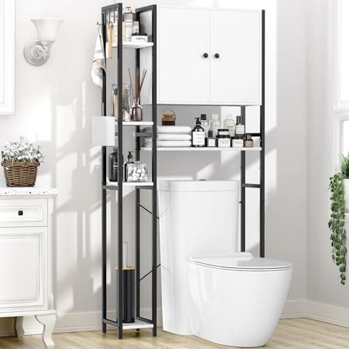 White Non-Slip Freestanding Toilet Cabinet with 4-Tier Shelves & Hooks