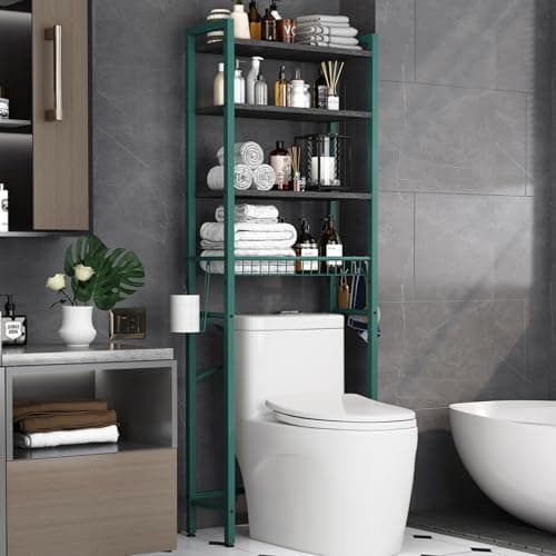 Over-The-Toilet 4-Tier Bathroom Organizer Shelf with Adjustable Basket - Vintage Brown