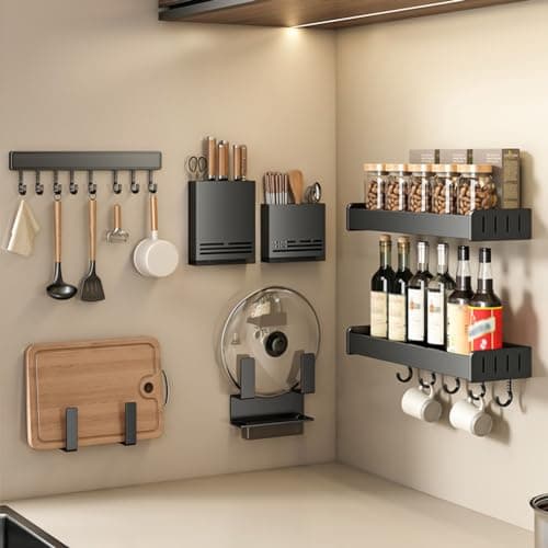 Black Wall Mount Spice Rack, Kitchen Spice Organizer 50cm Multi-Purpose