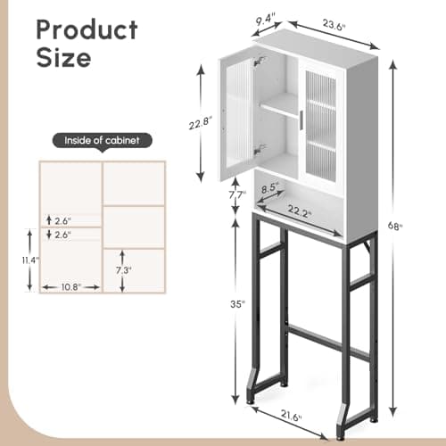 USHOWER Freestanding Toilet Storage Cabinet with Tempered Glass & Thick Metal Stand, White