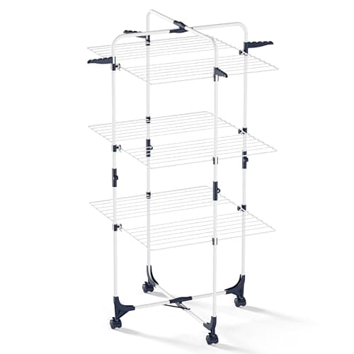 APEXCHASER 3-Tier Collapsible Laundry Rack with Wheels & Hooks, White