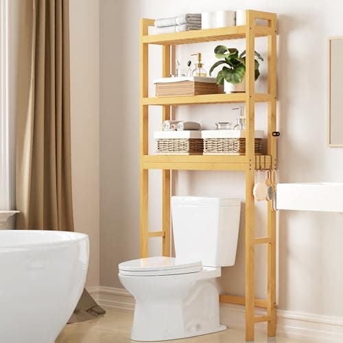 Smiry Bamboo 3-Tier Over Toilet Organizer, Stable Freestanding Shelf with 4 Hooks