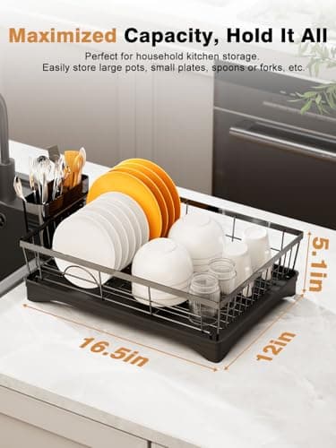 Super Spacious & Compact Kitchen Dish Drying Rack, 360° Rotary Spout, Rustproof Black Organizer