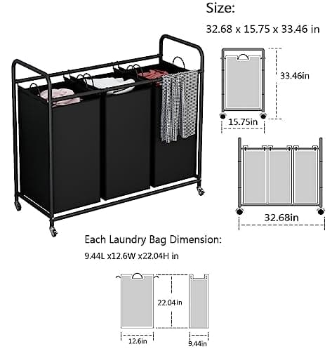 LINZINAR Heavy Duty 3-Bag Laundry Hamper with Lockable Wheels & Organizer