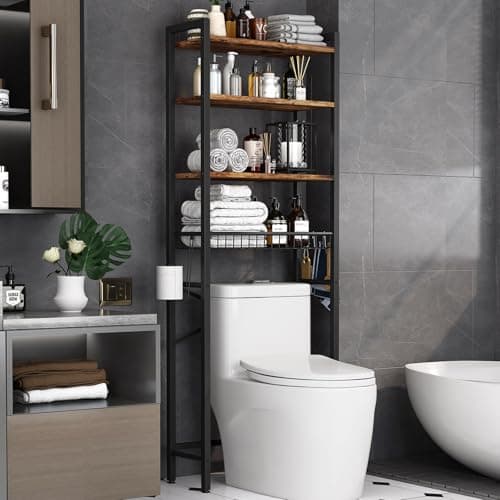 Over-The-Toilet 4-Tier Bathroom Organizer Shelf with Adjustable Basket - Vintage Brown