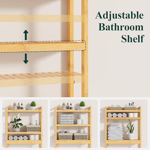 Smiry Bamboo 3-Tier Over Toilet Organizer, Stable Freestanding Shelf with 4 Hooks