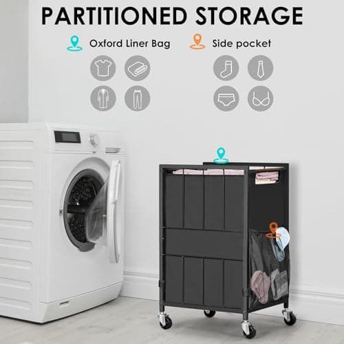 Black Laundry Hamper with Wheels & Adjustable Feet, 90L Liner & Mesh Pocket