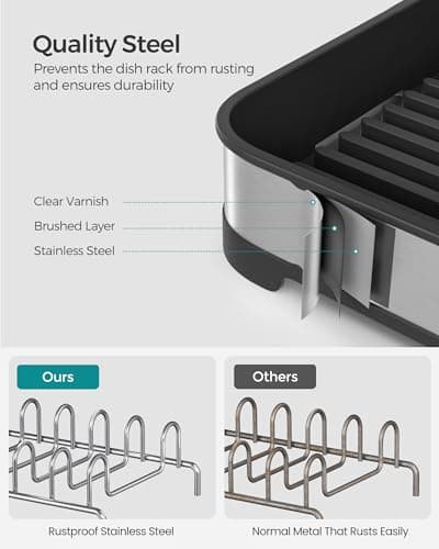 SONGMICS Stainless Steel Dish Drying Rack, Silver & Black, Kitchen Counter UKCS034B01