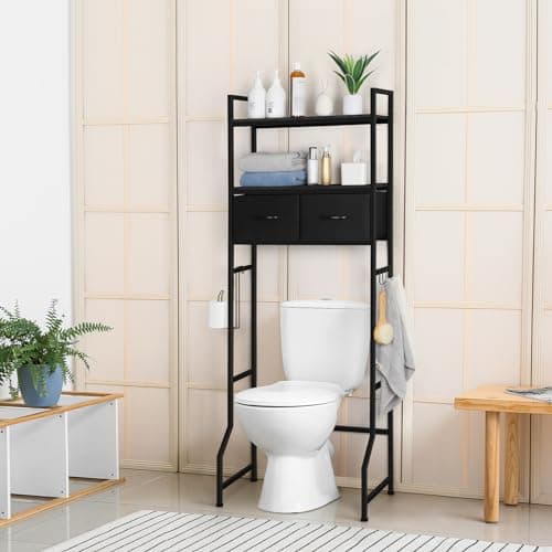 Rustic Brown ETELI Over Toilet Storage Cabinet with Fabric Drawers