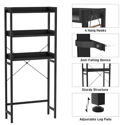 Freestanding Over-The-Toilet Storage Rack, 3-Tier Bathroom Organizer Shelf with Hooks - Black