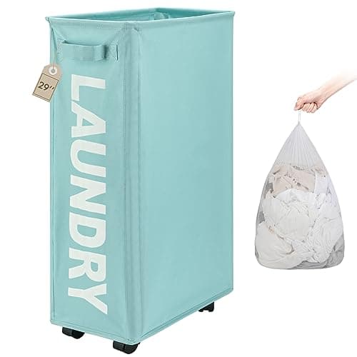 TOTANKI 25" Rolling Laundry Basket, Foldable with Handle (Black)