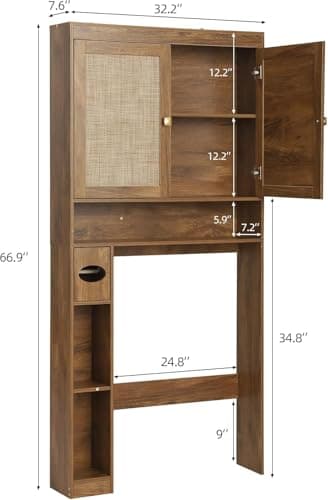 Rustic Brown Over Toilet Organizer with Double Doors & Adjustable Shelf
