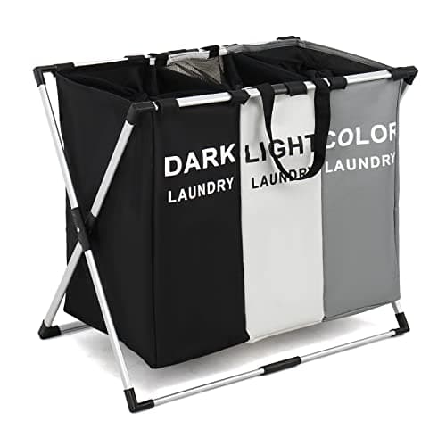 3 Section Foldable Aluminum Laundry Hamper with Mesh Cover (White+Grey+Black)