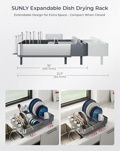 Expandable Dish Drying Rack for Kitchen Counter, Stainless Steel with Extendable Spout